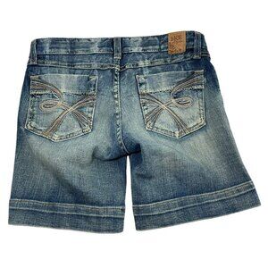 Bke Jean Shorts Bermuda Women Size 26 W30 7” Blue Distressed Embroidery Faded